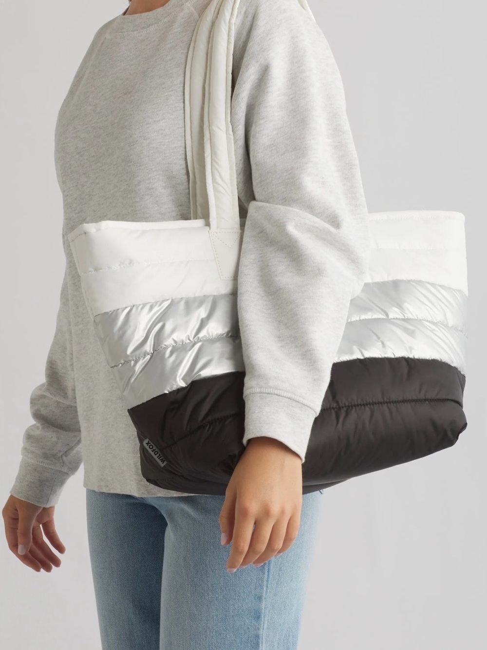 Wildfox Quilted Colorblock Tote Bag in White, Silver & Black - Picture 1 of 3